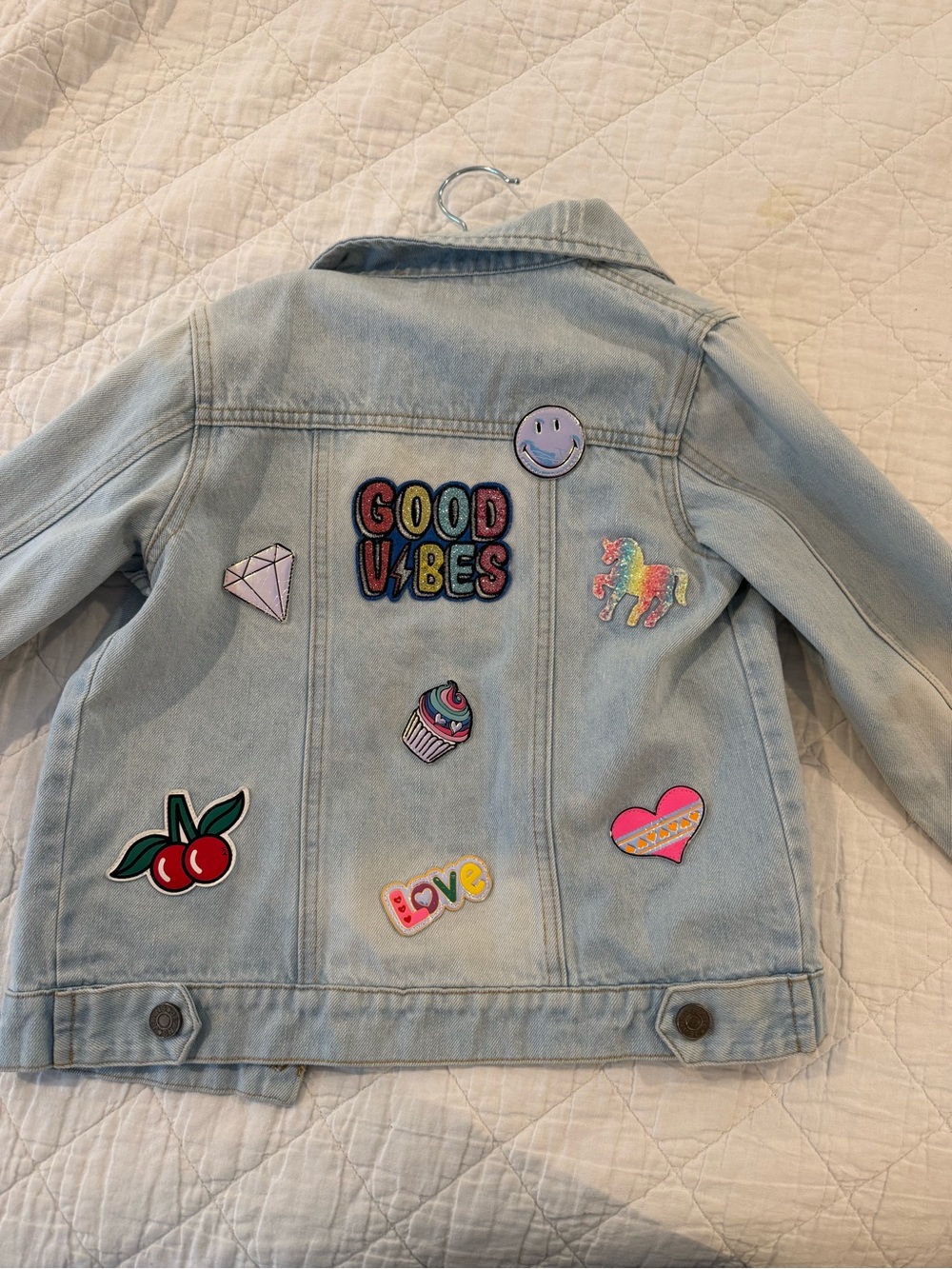 Lola + The Boys Light Blue Denim Jacket with Colorful Patches